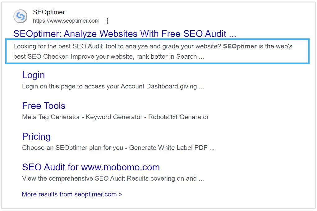 meta description in serp